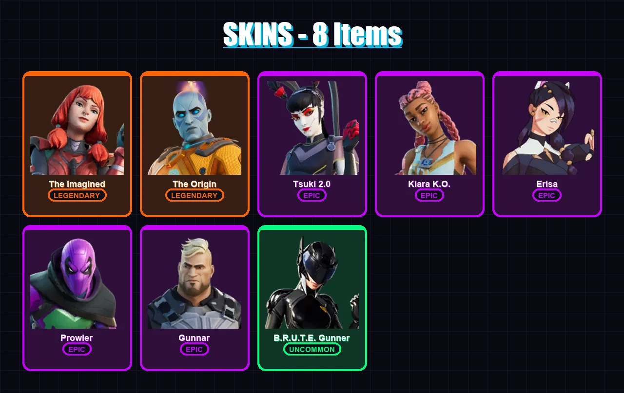 [PC/XBOX/PSN] | The Imagined | The Origin | Tsuki 2.0 | Kiara K.O. | Erisa | 8 skin | 9 pickaxe | 6 emote | 11 glider | Lv99