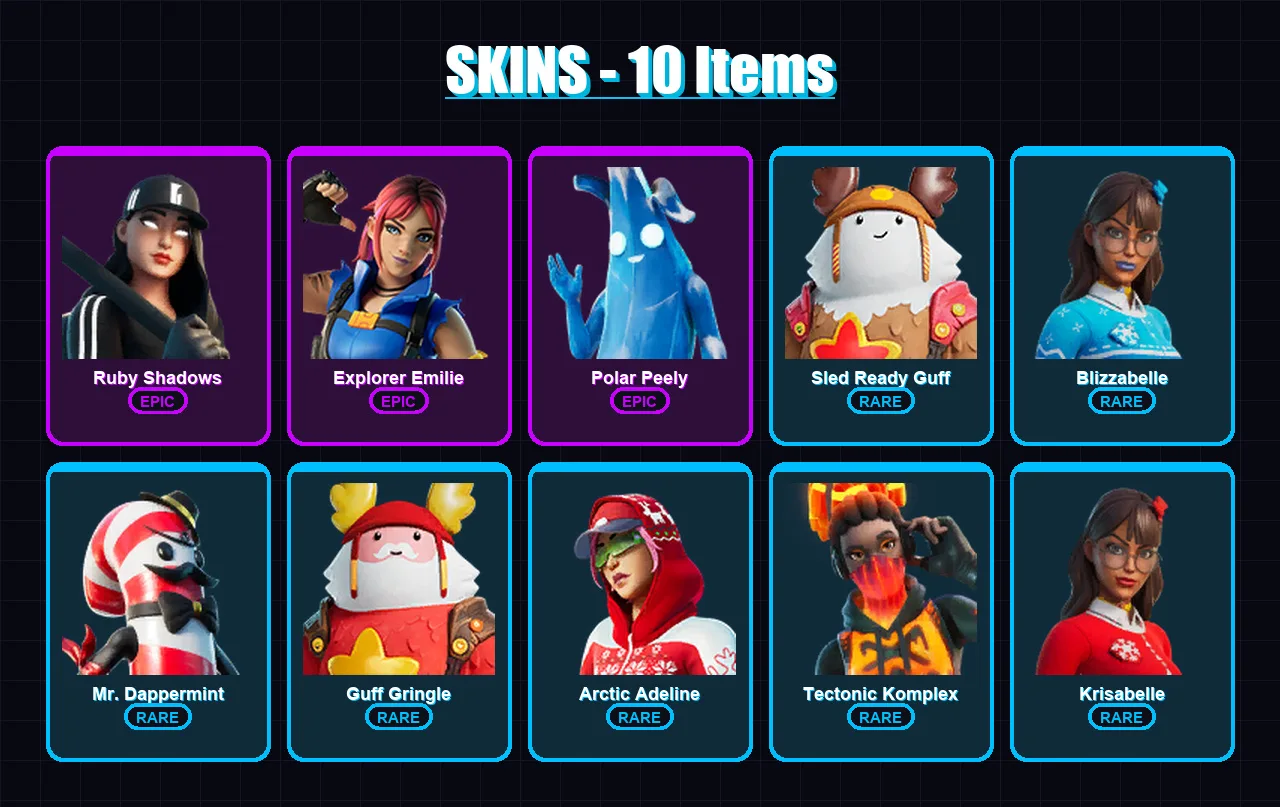 [PC/XBOX/PSN] | Ruby Shadows | Explorer Emilie | Polar Peely | Sled Ready Guff | Blizzabelle | 10 skin | 16 pickaxe | 13 emote | 16 glider | Lv298