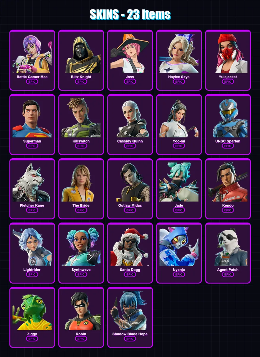 [PC/XBOX/PSN] | Battle Gamer Mae | Blitz Knight | Joss | Haylee Skye | Yulejacket | 23 skin | 42 pickaxe | 27 emote | 29 glider | Lv243