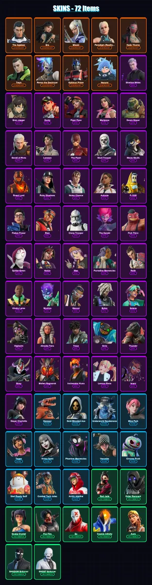 [PC/PSN] | The Ageless | Era | Mizuki | Paradigm (Reality-659) | Kado Thorne | 72 skin | 85 pickaxe | 78 emote | 67 glider | Lv1950