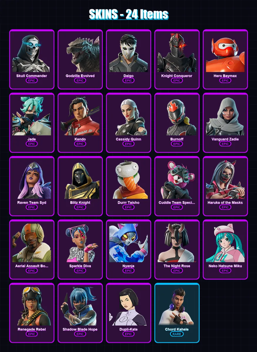 [PC/XBOX/PSN] | Skull Commander | Godzilla Evolved | Daigo | Knight Conqueror | Hero Baymax | 24 skin | 51 pickaxe | 36 emote | 31 glider | Lv531