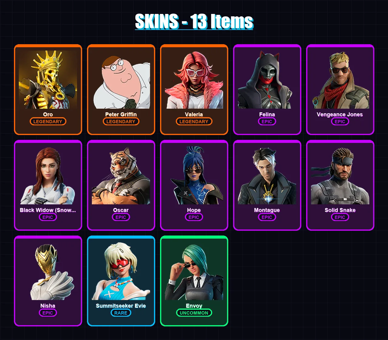 [PC/XBOX] | Oro | Peter Griffin | Valeria | Felina | Vengeance Jones | 13 skin | 36 pickaxe | 23 emote | 30 glider | Lv278