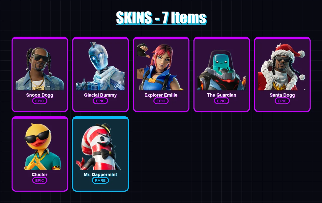 [PC/XBOX/PSN] | Snoop Dogg | Glacial Dummy | Explorer Emilie | The Guardian | Santa Dogg | 7 skin | 28 pickaxe | 13 emote | 19 glider | Lv121