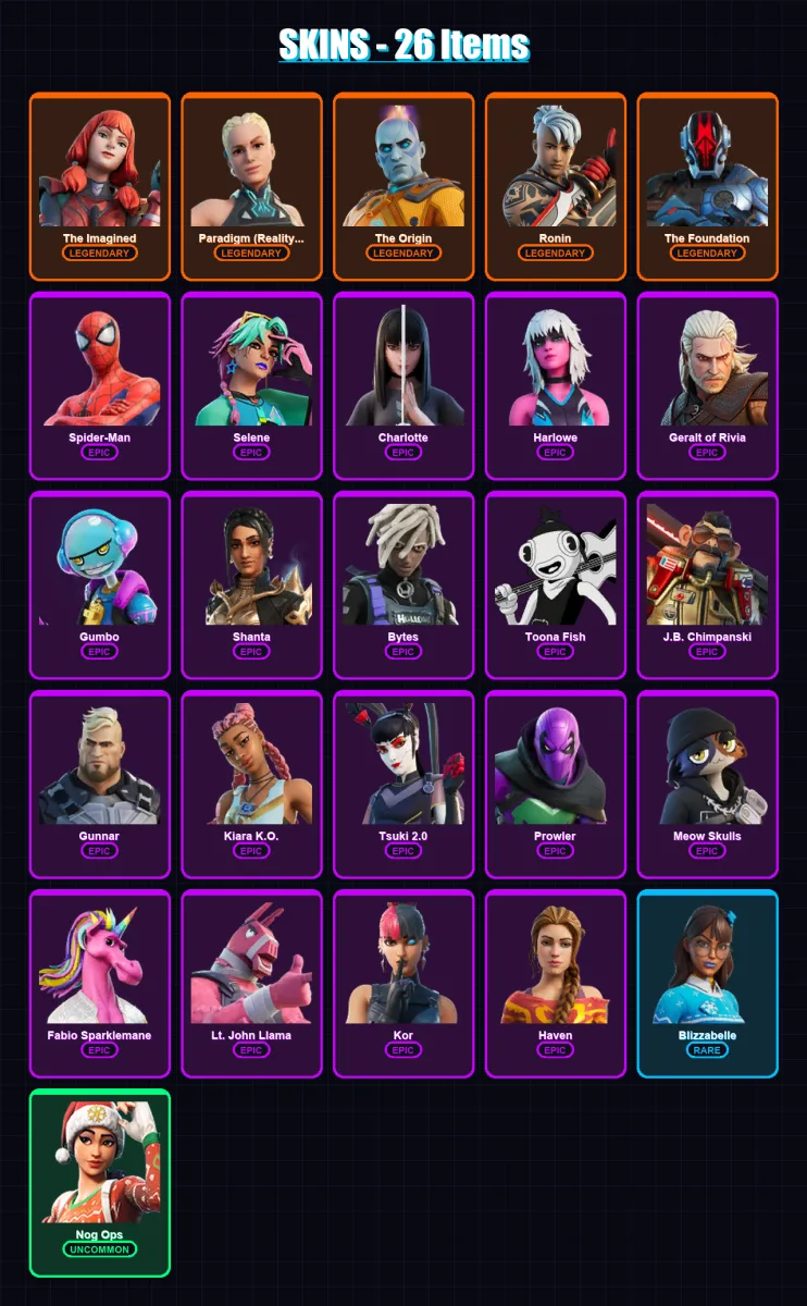 [PC/XBOX/PSN] | The Imagined | Paradigm (Reality-659) | The Origin | Ronin | The Foundation | 26 skin | 36 pickaxe | 26 emote | 31 glider | Lv416 — Fortnite account