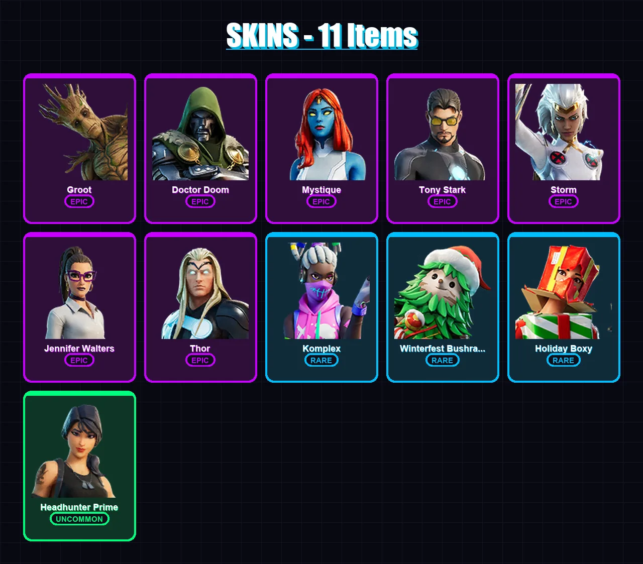[PC/PSN] | Groot | Doctor Doom | Mystique | Tony Stark | Storm | 11 skin | 10 pickaxe | 9 emote | 10 glider | Lv125 — Fortnite account