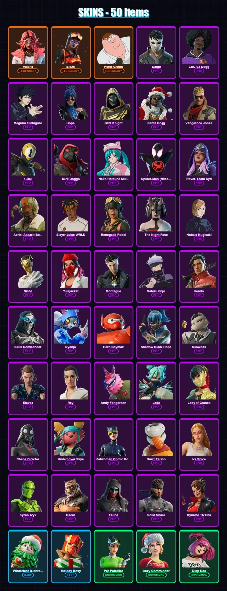 [PC/XBOX/PSN] | Valeria | Blaze | Peter Griffin | Daigo | LBC '93 Dogg | 50 skin | 90 pickaxe | 40 emote | 52 glider | Lv1002 — Fortnite account