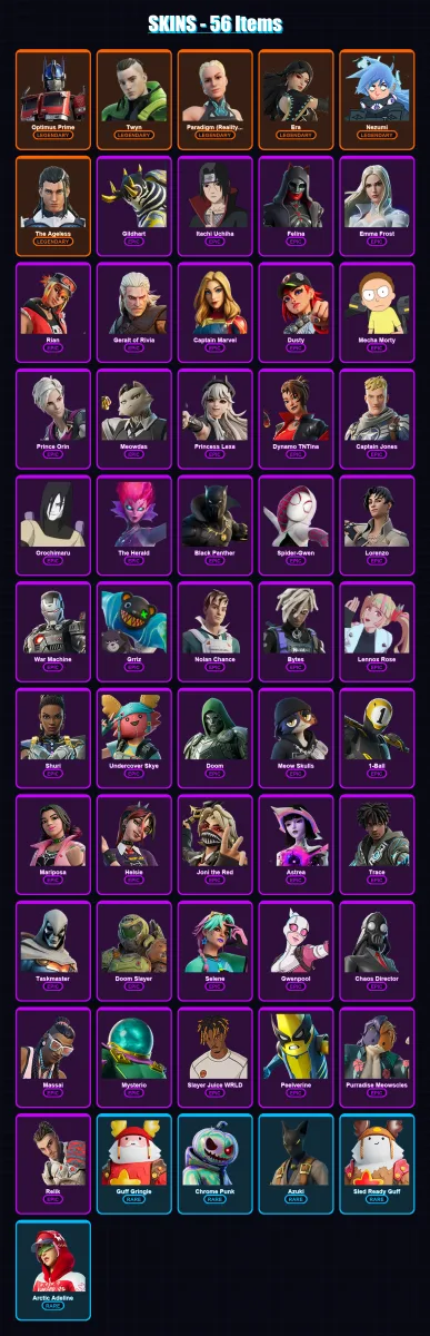 [PC/XBOX/PSN] | Optimus Prime | Twyn | Paradigm (Reality-659) | Era | Nezumi | 56 skin | 73 pickaxe | 45 emote | 61 glider | Lv685