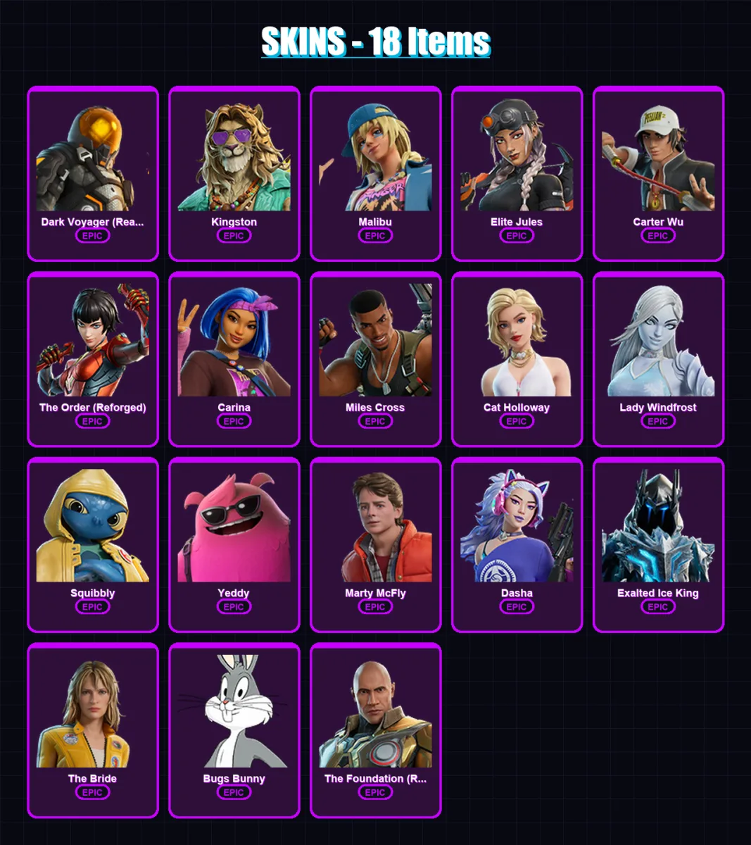 [PC/XBOX/PSN] | Dark Voyager (Reality Redacted) | Kingston | Malibu | Elite Jules | Carter Wu | 18 skin | 35 pickaxe | 21 emote | 27 glider | Lv323