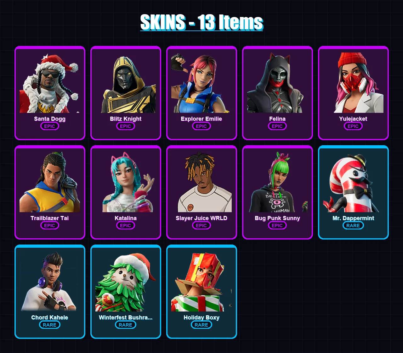 [SWITCH/XBOX/PSN/PC] | Santa Dogg | Blitz Knight | Explorer Emilie | Felina | Yulejacket | 13 skin | 68 pickaxe | 35 emote | 46 glider | Lv956