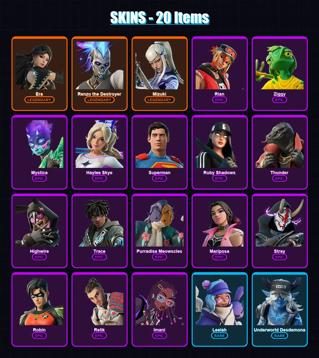 [PC/XBOX/PSN] | Era | Renzo the Destroyer | Mizuki | Rian | Ziggy | 20 skin | 44 pickaxe | 35 emote | 56 glider | Lv787 — Fortnite account
