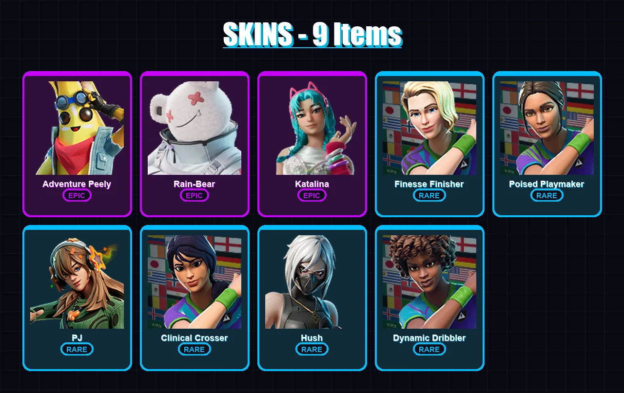 [PC/XBOX/PSN] | Adventure Peely | Rain-Bear | Katalina | Finesse Finisher | Poised Playmaker | 9 skin | 7 pickaxe | 2 emote | 4 glider | Lv11