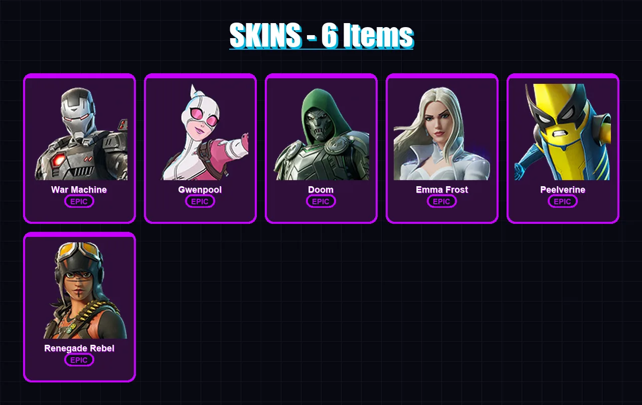 [PC/XBOX/PSN] | War Machine | Gwenpool | Doom | Emma Frost | Peelverine | 6 skin | 13 pickaxe | 16 emote | 15 glider | Lv117