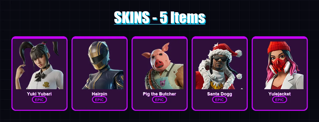 [PC/XBOX/PSN] | Yuki Yubari | Hairpin | Pig the Butcher | Santa Dogg | Yulejacket | 5 skin | 32 pickaxe | 10 emote | 19 glider | Lv169