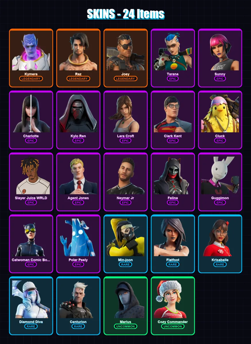 [PC/XBOX/PSN] | Kymera | Raz | Joey | Tarana | Sunny | 24 skin | 42 pickaxe | 40 emote | 30 glider | Lv623