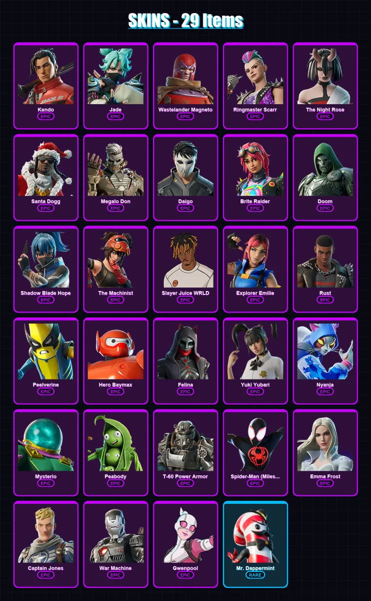 [PC/XBOX/PSN] | Kendo | Jade | Wastelander Magneto | Ringmaster Scarr | The Night Rose | 29 skin | 58 pickaxe | 42 emote | 43 glider | Lv590