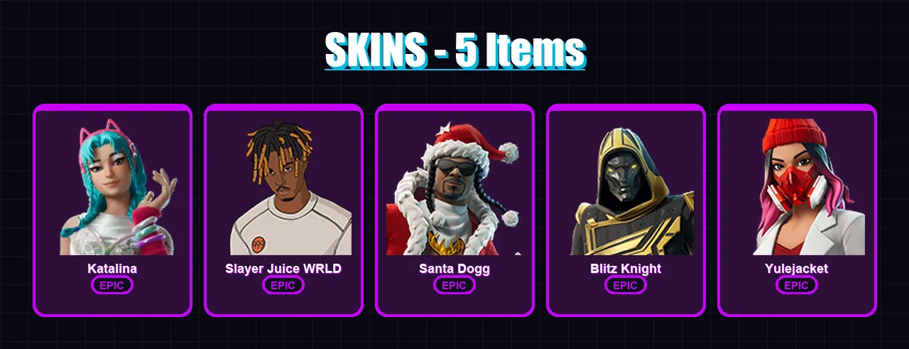 [PC/XBOX/PSN] | Katalina | Slayer Juice WRLD | Santa Dogg | Blitz Knight | Yulejacket | 5 skin | 11 pickaxe | 4 emote | 6 glider | Lv61
