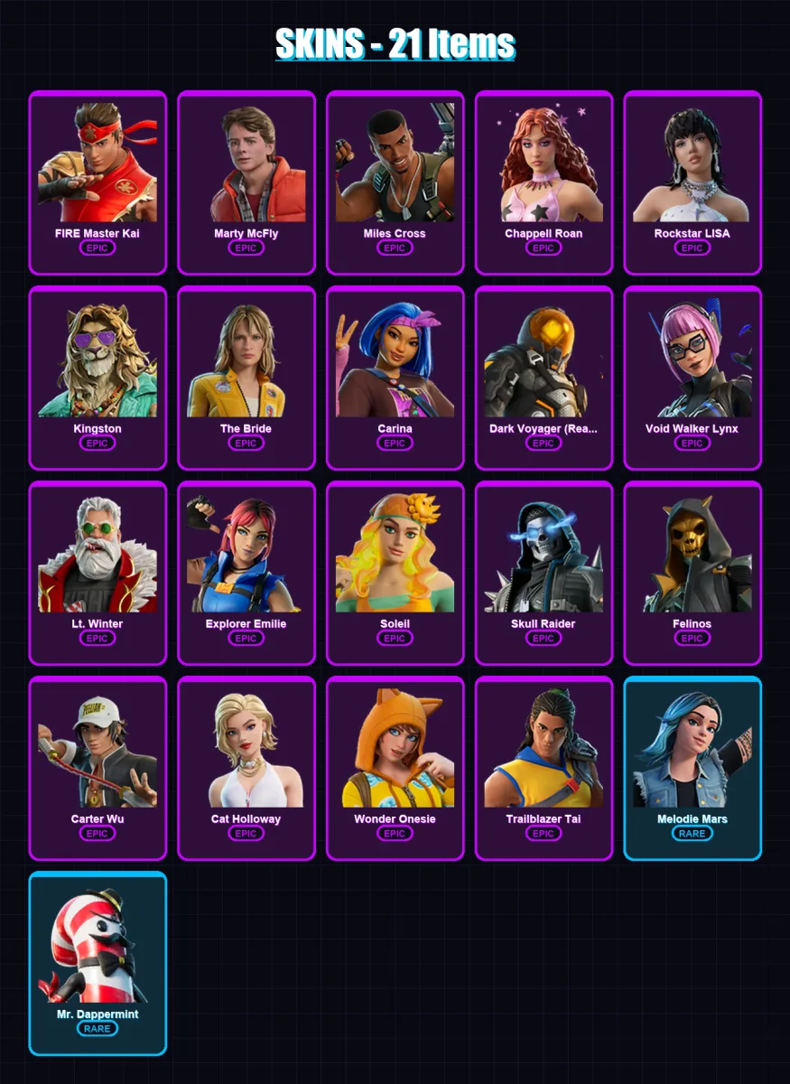 [PC/PSN] | FIRE Master Kai | Marty McFly | Miles Cross | Chappell Roan | Rockstar LISA | 21 skin | 25 pickaxe | 18 emote | 16 glider | Lv120