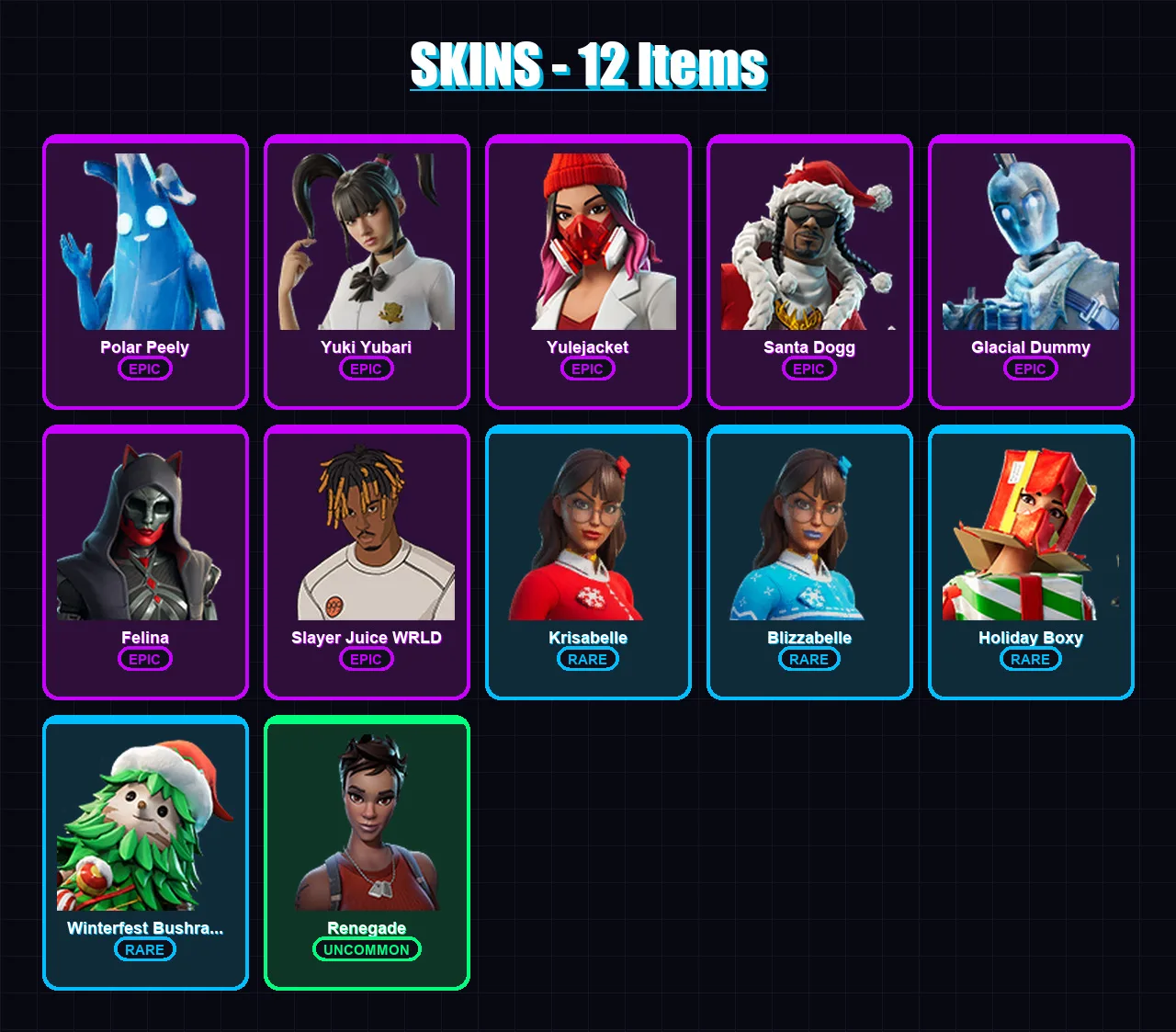 [PC/XBOX] | Polar Peely | Yuki Yubari | Yulejacket | Santa Dogg | Glacial Dummy | 12 skin | 51 pickaxe | 22 emote | 37 glider | Lv387