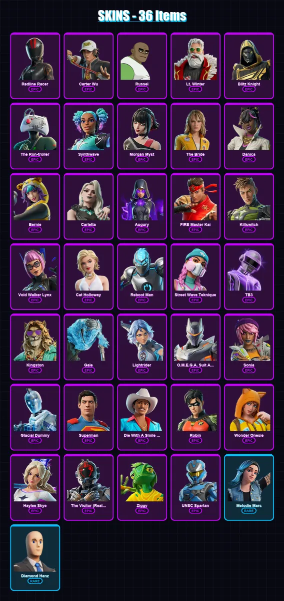 [PC/PSN] | Redline Racer | Carter Wu | Russel | Lt. Winter | Blitz Knight | 36 skin | 47 pickaxe | 33 emote | 30 glider | Lv223