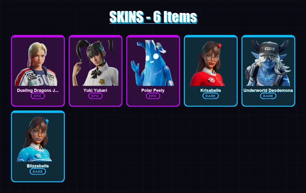 [PC/PSN] | Dueling Dragons Jackie | Yuki Yubari | Polar Peely | Krisabelle | Underworld Desdemona | 6 skin | 37 pickaxe | 23 emote | 30 glider | Lv5