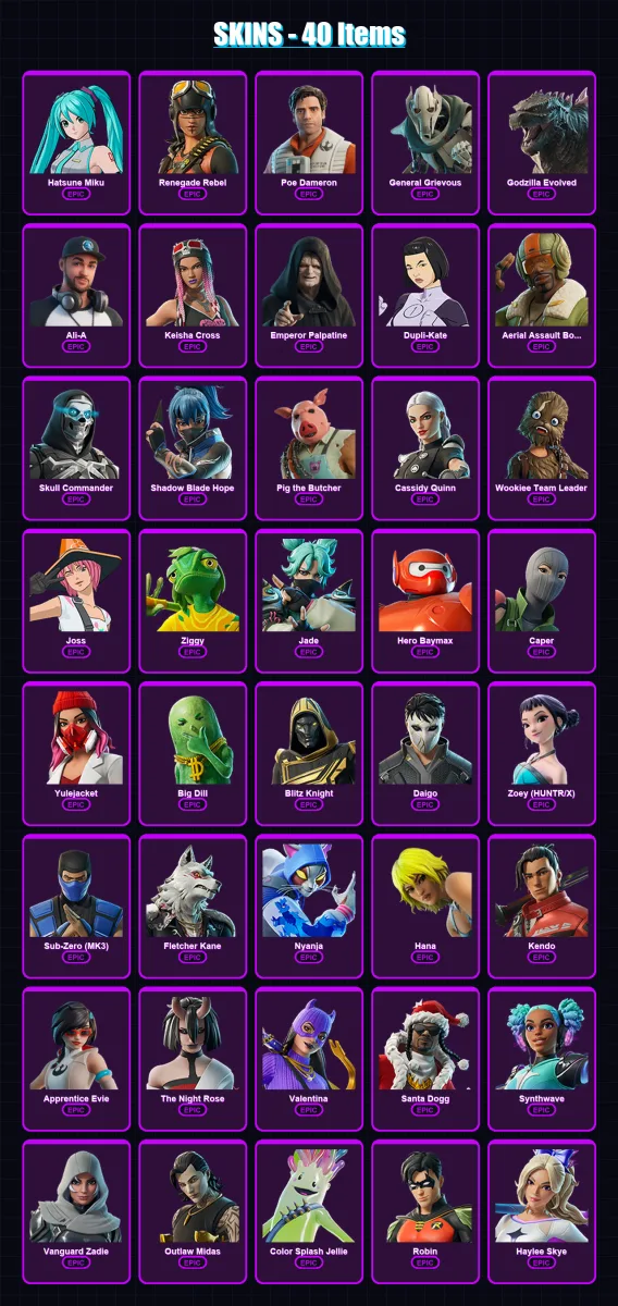 [PC/PSN] | Hatsune Miku | Renegade Rebel | Poe Dameron | General Grievous | Godzilla Evolved | 40 skin | 77 pickaxe | 46 emote | 54 glider | Lv1133