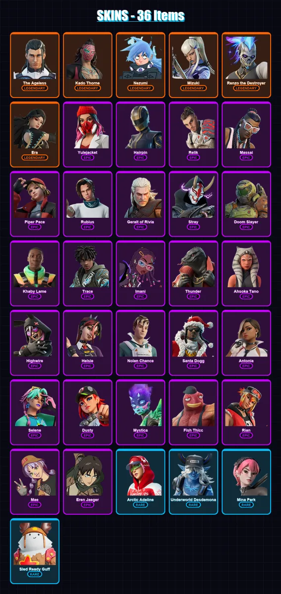 [PS4/PS5/PC] | The Ageless | Kado Thorne | Nezumi | Mizuki | Renzo the Destroyer | 36 skin | 75 pickaxe | 50 emote | 62 glider | Lv1059
