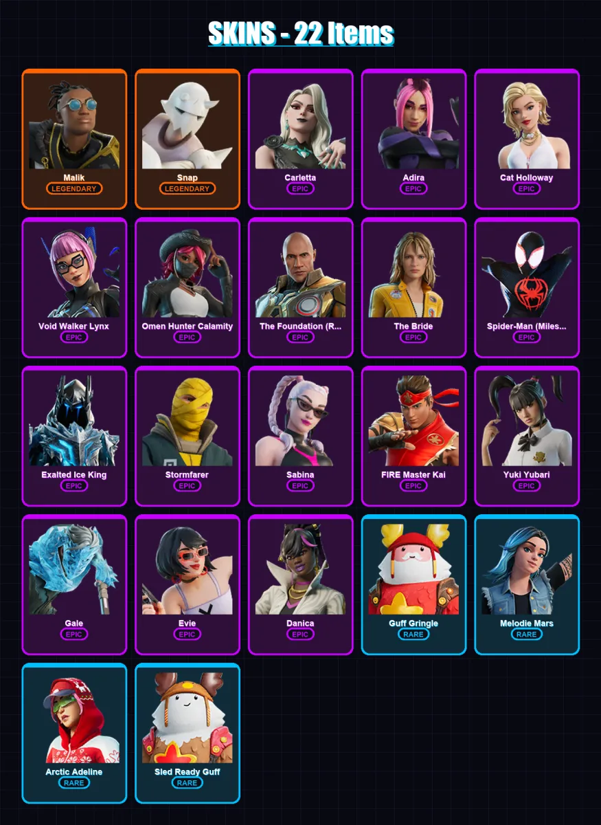 [PC/XBOX/PSN] | Malik | Snap | Carletta | Adira | Cat Holloway | 22 skin | 23 pickaxe | 17 emote | 23 glider | Lv201