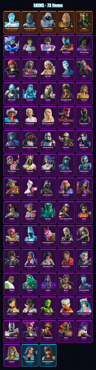 [PC/XBOX/PSN] | Frozen Love Ranger | Frozen Red Knight | Frozen Raven | Zeus | Hades | 73 skin | 65 pickaxe | 22 emote | 25 glider | Lv301