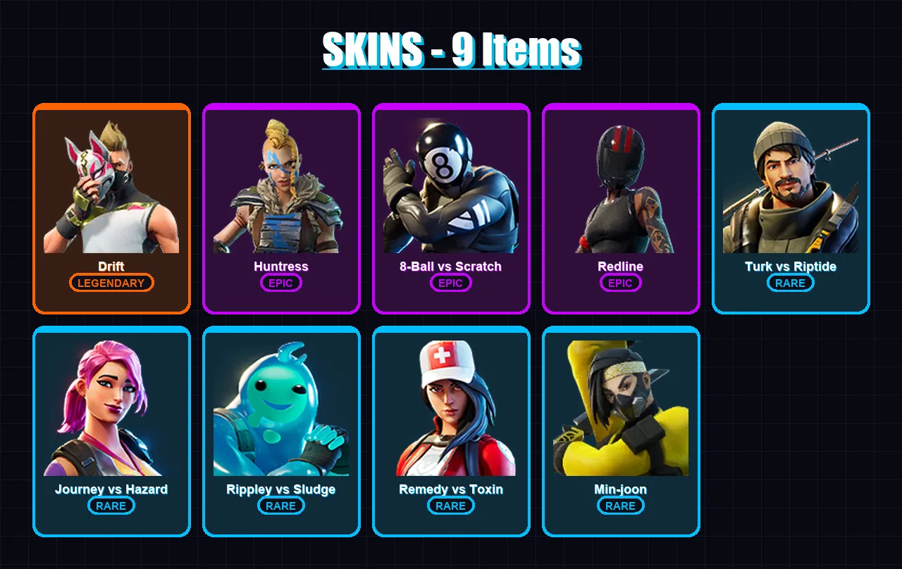 [PC/XBOX/PSN] | Drift | Huntress | 8-Ball vs Scratch | Redline | Turk vs Riptide | 9 skin | 12 pickaxe | 15 emote | 12 glider | Lv172