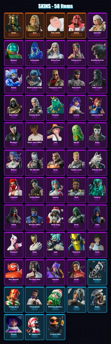 [PC/PSN] | Hades | Zeus | Peter Griffin | Valeria | Aphrodite | 58 skin | 100 pickaxe | 59 emote | 80 glider | Lv1255