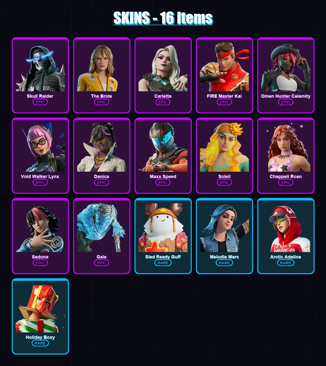 [PC/XBOX/PSN] | Skull Raider | The Bride | Carletta | FIRE Master Kai | Omen Hunter Calamity | 16 skin | 14 pickaxe | 7 emote | 10 glider | Lv142