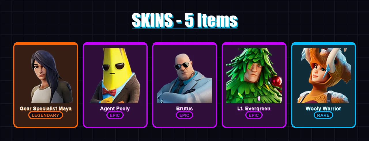 [PC/XBOX/PSN] | Gear Specialist Maya | Agent Peely | Brutus | Lt. Evergreen | Wooly Warrior | 5 skin | 5 pickaxe | 5 emote | 5 glider | Lv73