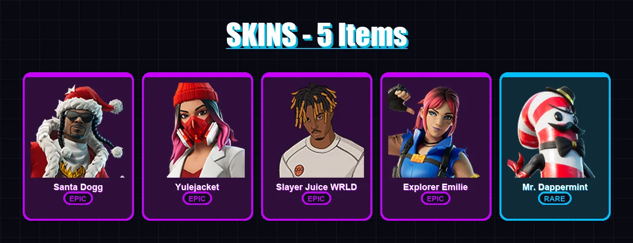 [PC/XBOX/PSN] | Santa Dogg | Yulejacket | Slayer Juice WRLD | Explorer Emilie | Mr. Dappermint | 5 skin | 13 pickaxe | 7 emote | 8 glider | Lv108