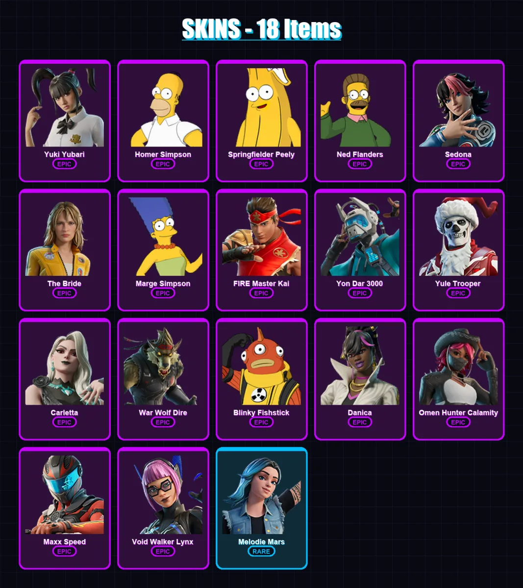 [PC/XBOX/PSN] | Yuki Yubari | Homer Simpson | Springfielder Peely | Ned Flanders | Sedona | 18 skin | 23 pickaxe | 17 emote | 12 glider | Lv90