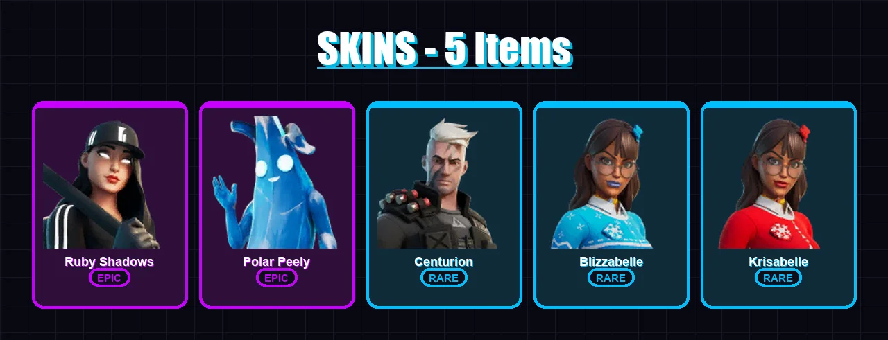 [PC/XBOX/PSN] | Ruby Shadows | Polar Peely | Centurion | Blizzabelle | Krisabelle | 5 skin | 7 pickaxe | 4 emote | 7 glider | Lv45