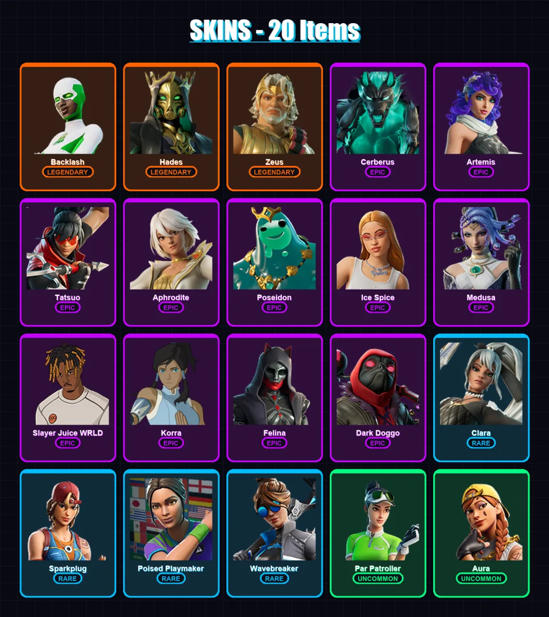 [PC/PSN] | Backlash | Hades | Zeus | Cerberus | Artemis | 20 skin | 57 pickaxe | 29 emote | 31 glider | Lv485