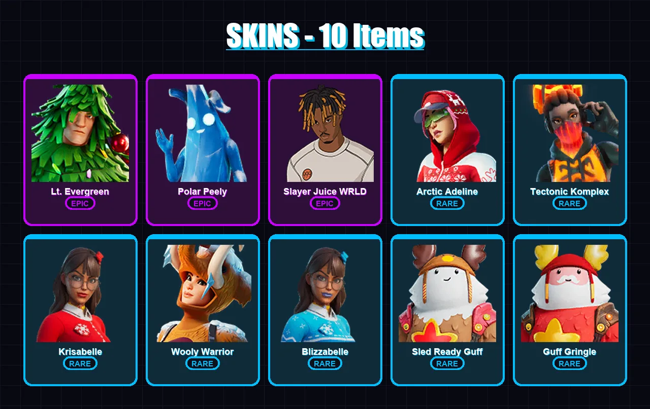[PC/XBOX] | Lt. Evergreen | Polar Peely | Slayer Juice WRLD | Arctic Adeline | Tectonic Komplex | 10 skin | 22 pickaxe | 20 emote | 20 glider | Lv26