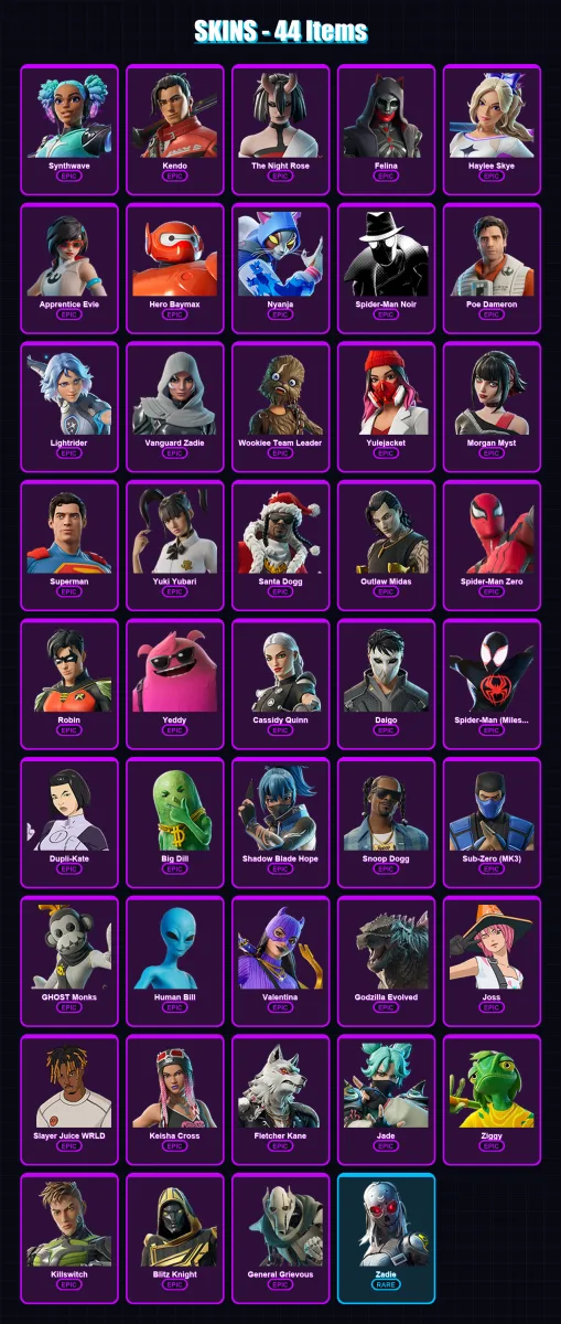 [PC/XBOX/PSN] | Synthwave | Kendo | The Night Rose | Felina | Haylee Skye | 44 skin | 91 pickaxe | 54 emote | 51 glider | Lv851