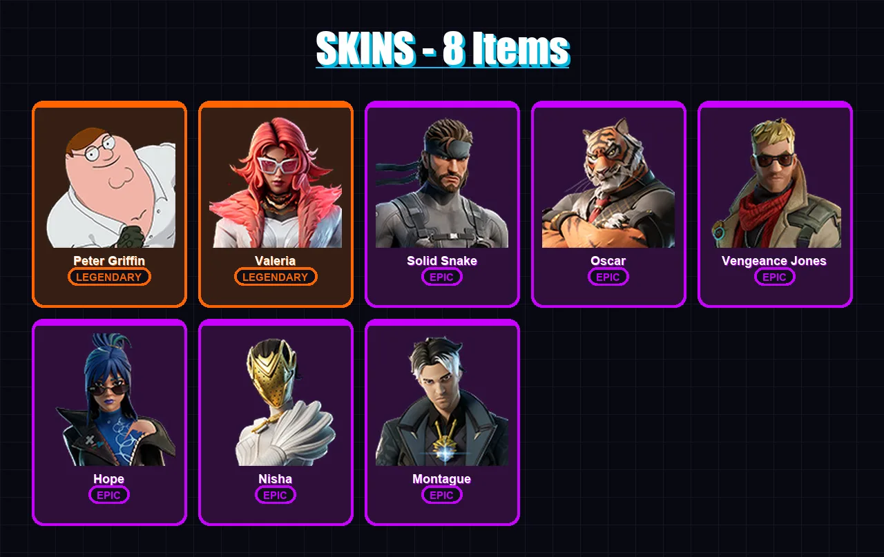 [PC/XBOX/PSN] | Peter Griffin | Valeria | Solid Snake | Oscar | Vengeance Jones | 8 skin | 11 pickaxe | 12 emote | 9 glider | Lv147