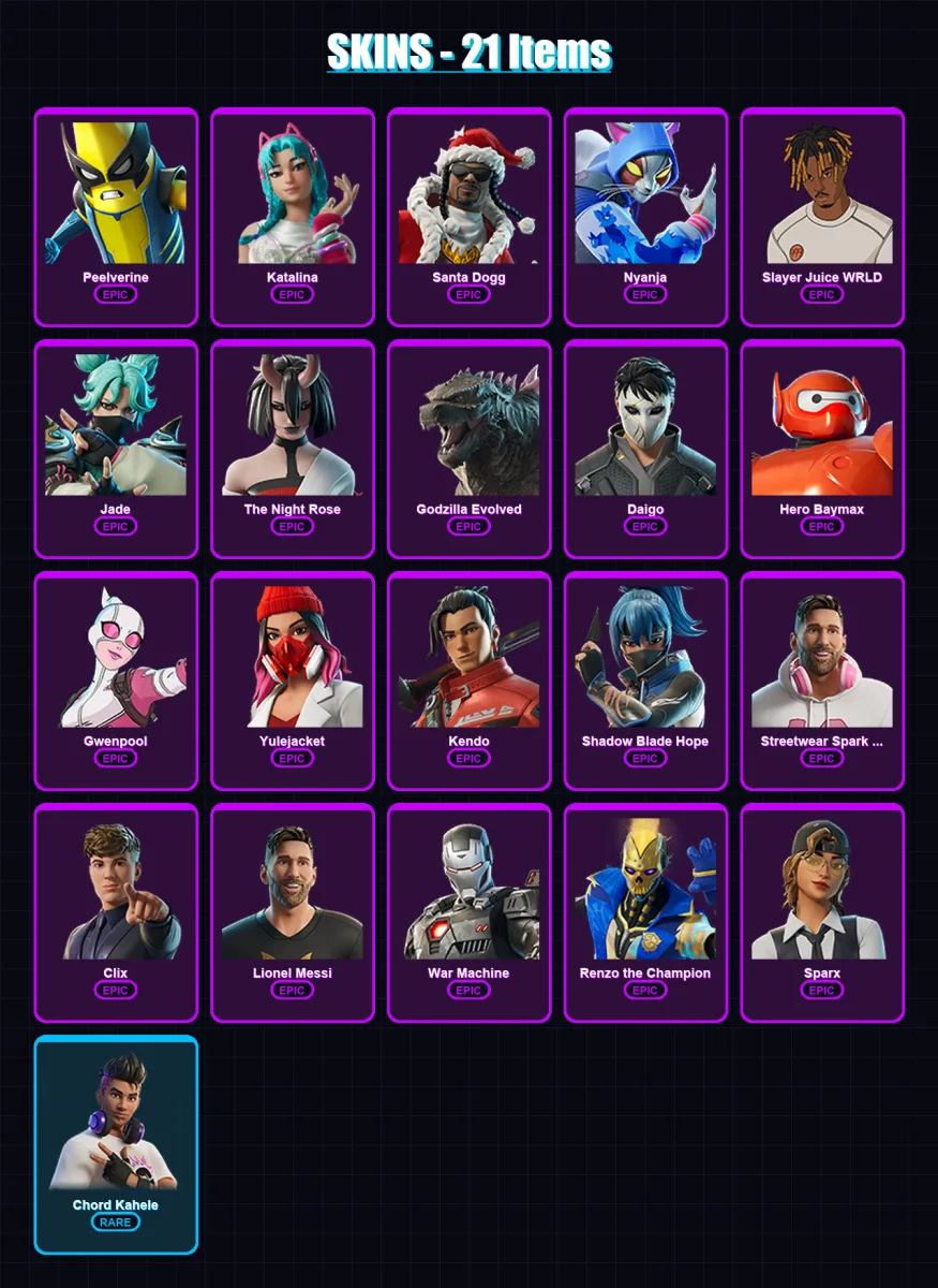 [PC/XBOX/PSN] | Peelverine | Katalina | Santa Dogg | Nyanja | Slayer Juice WRLD | 21 skin | 43 pickaxe | 25 emote | 23 glider | Lv248