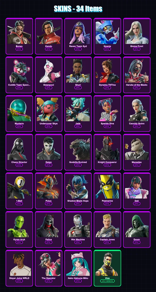 [PC/XBOX/PSN] | Bones | Kendo | Raven Team Syd | Nyanja | Emma Frost | 34 skin | 60 pickaxe | 35 emote | 43 glider | Lv492