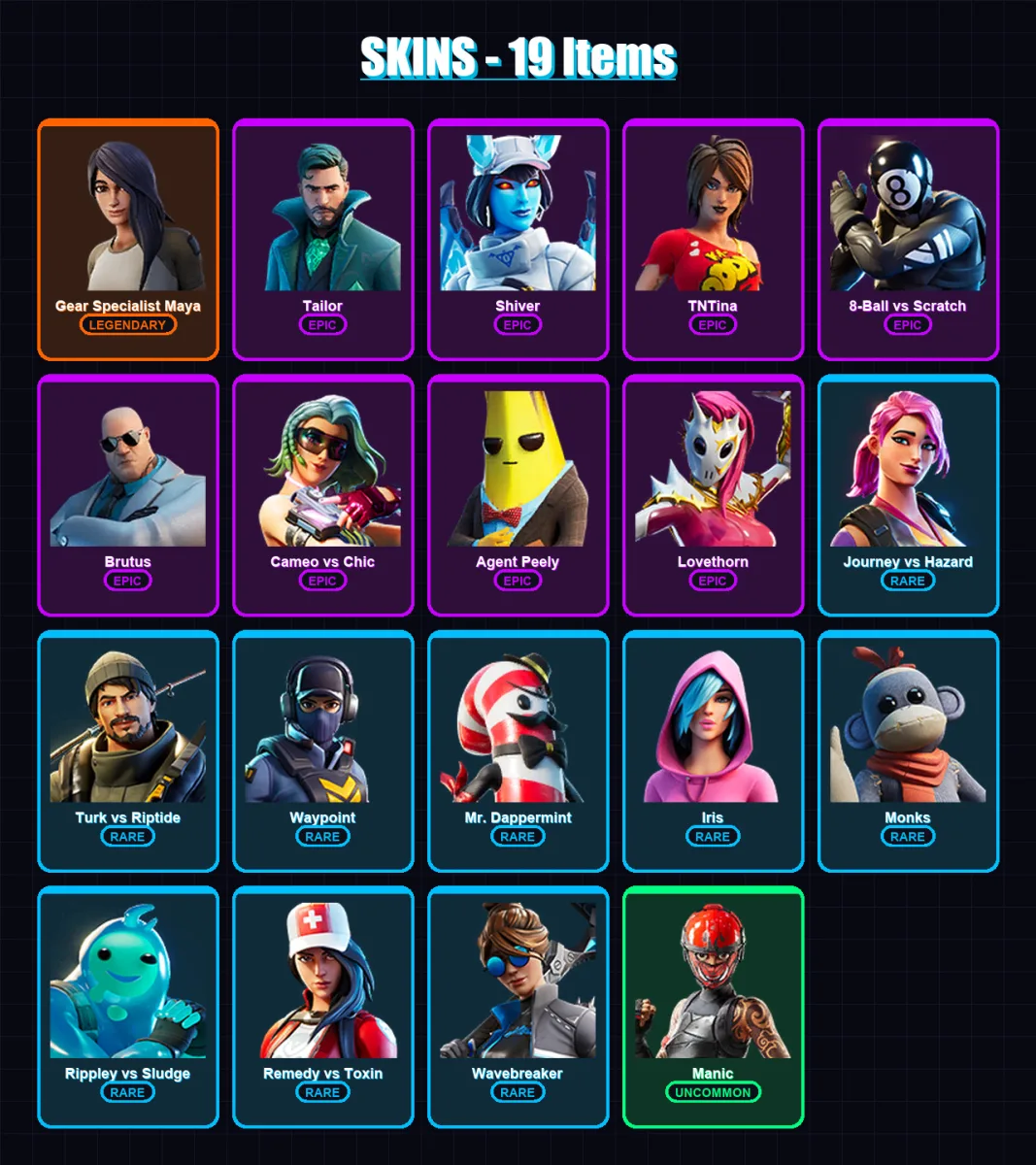[PS4/PS5/XBOX/PC] | Gear Specialist Maya | Tailor | Shiver | TNTina | 8-Ball vs Scratch | 19 skin | 15 pickaxe | 14 emote | 12 glider | Lv199