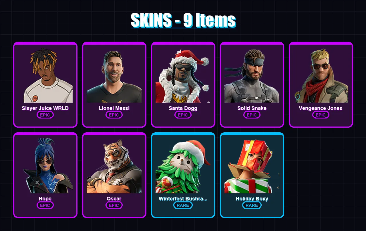 [PC/PSN] | Slayer Juice WRLD | Lionel Messi | Santa Dogg | Solid Snake | Vengeance Jones | 9 skin | 31 pickaxe | 15 emote | 25 glider | Lv244