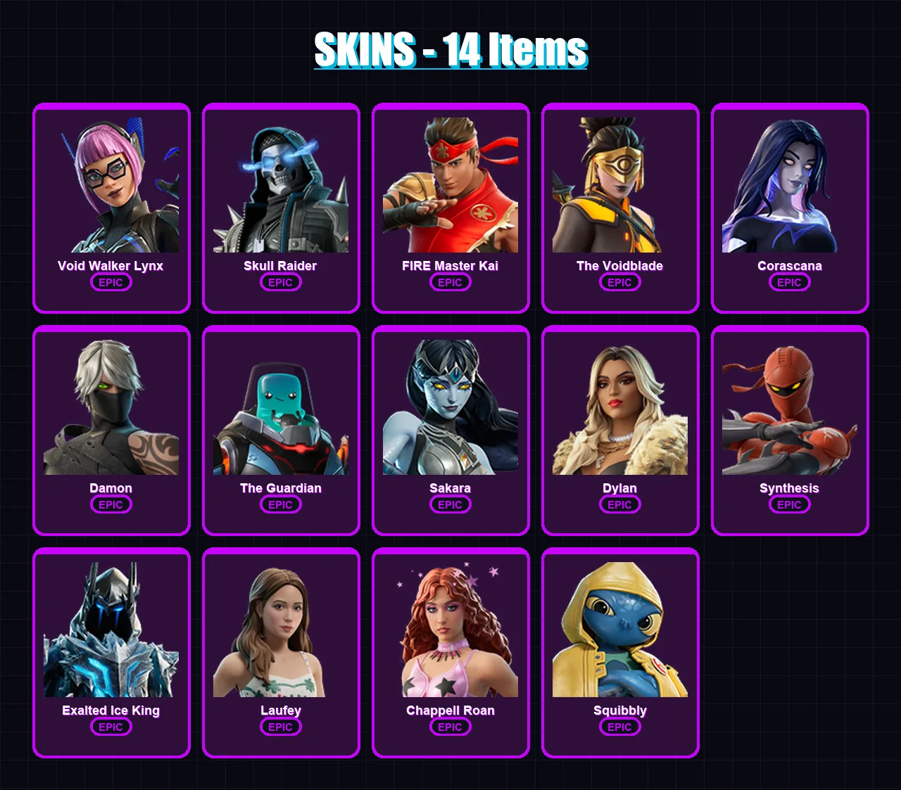 [PC/XBOX/PSN] | Void Walker Lynx | Skull Raider | FIRE Master Kai | The Voidblade | Corascana | 14 skin | 14 pickaxe | 3 emote | 9 glider | Lv26