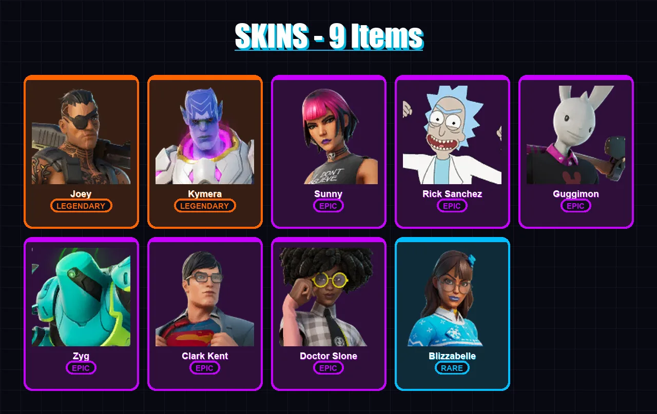 [PC/XBOX/PSN] | Joey | Kymera | Sunny | Rick Sanchez | Guggimon | 9 skin | 15 pickaxe | 14 emote | 16 glider | Lv168