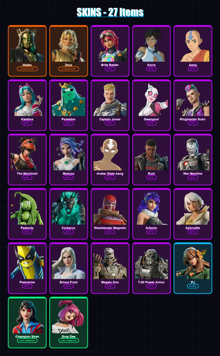 [PC/XBOX/PSN] | Hades | Zeus | Brite Raider | Korra | Aang | 27 skin | 35 pickaxe | 37 emote | 30 glider | Lv513