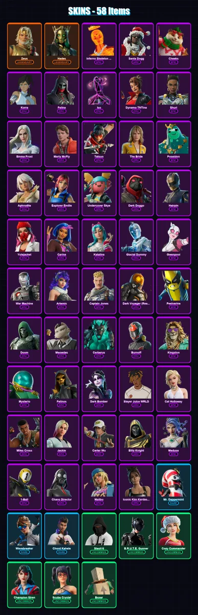 [PC/PSN] | Zeus | Hades | Inferno Skeleton Balvin | Santa Dogg | Cheeks | 58 skin | 107 pickaxe | 49 emote | 64 glider | Lv1230