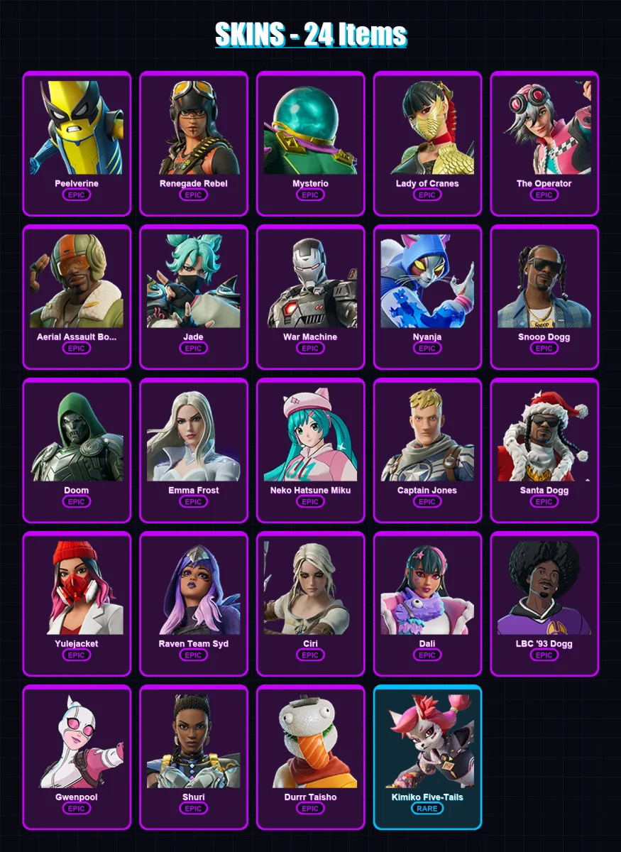 [PS4/PS5/XBOX/PC] | Peelverine | Renegade Rebel | Mysterio | Lady of Cranes | The Operator | 24 skin | 34 pickaxe | 32 emote | 21 glider | Lv295