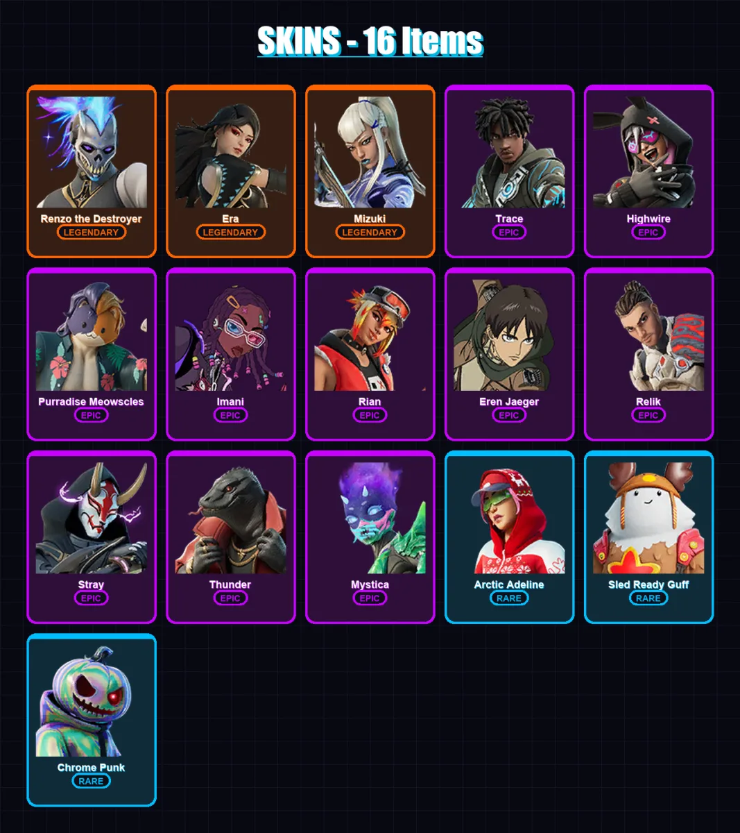 [PC] | Renzo the Destroyer | Era | Mizuki | Trace | Highwire | 16 skin | 31 pickaxe | 24 emote | 34 glider | Lv618 — Fortnite account