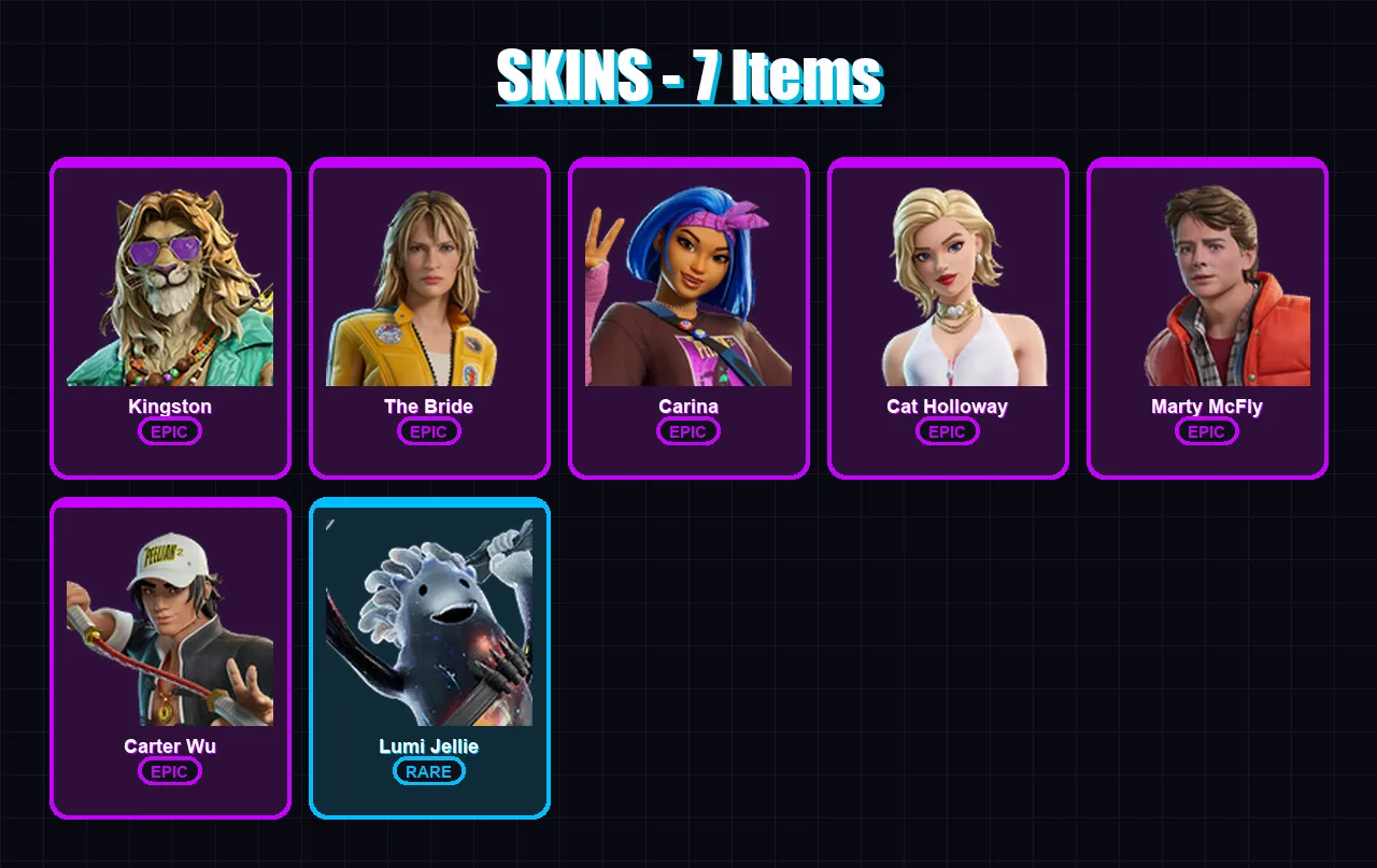 [PC/XBOX] | Kingston | The Bride | Carina | Cat Holloway | Marty McFly | 7 skin | 19 pickaxe | 13 emote | 16 glider | Lv126